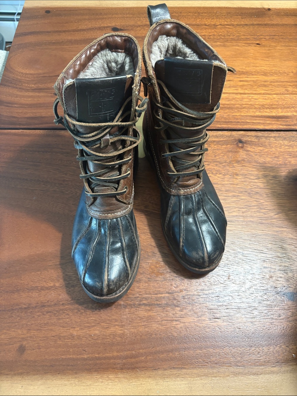 Frye Brown and Black Lace-Up Women's Winter Duck Boots